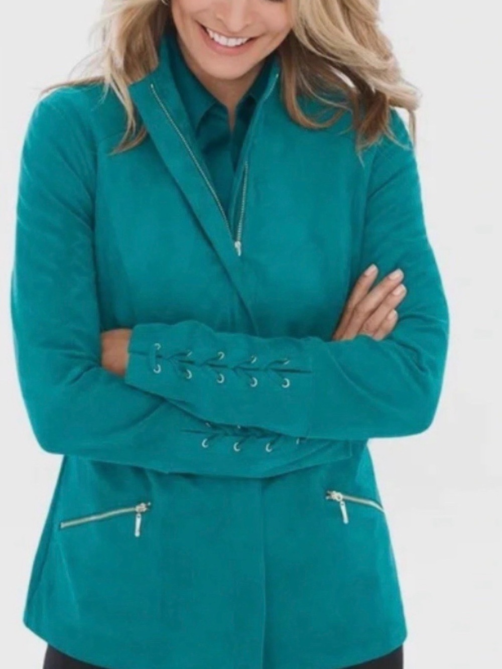 Chico's Teal Lace-Up Sleeve Blazer